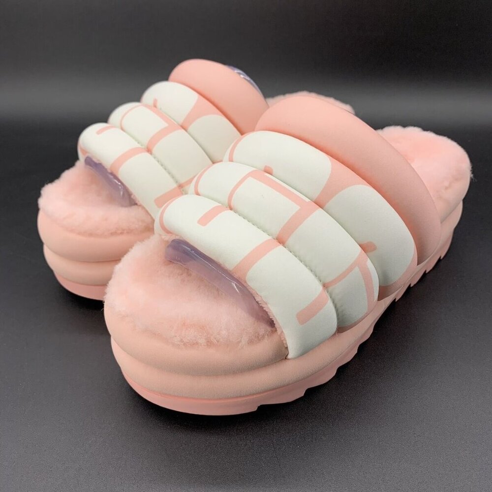UGG WOMEN'S MAXI GLIDE PADDED PLATFORM SANDAL SLIPPERS PINK WHITE size 6